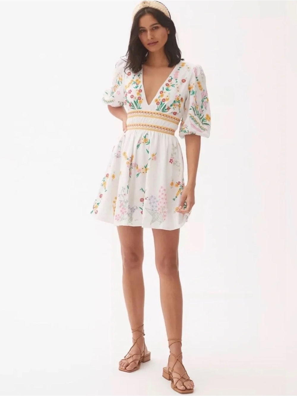 Anthropologie White Floral Embroidered V-Neck Mini Dress